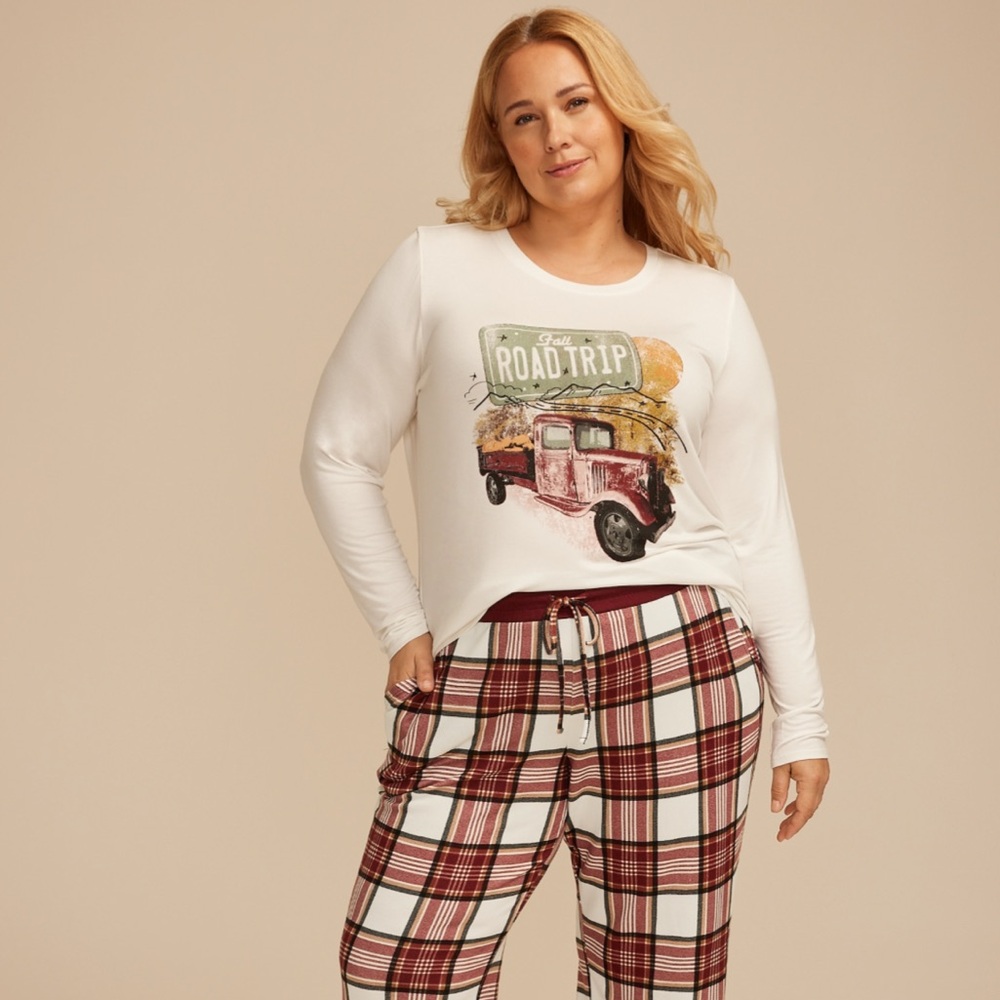 Plus Size “Fall Road Trip” Graphic Tee And Wide Leg Pajama Set- New in Pkg- 2X